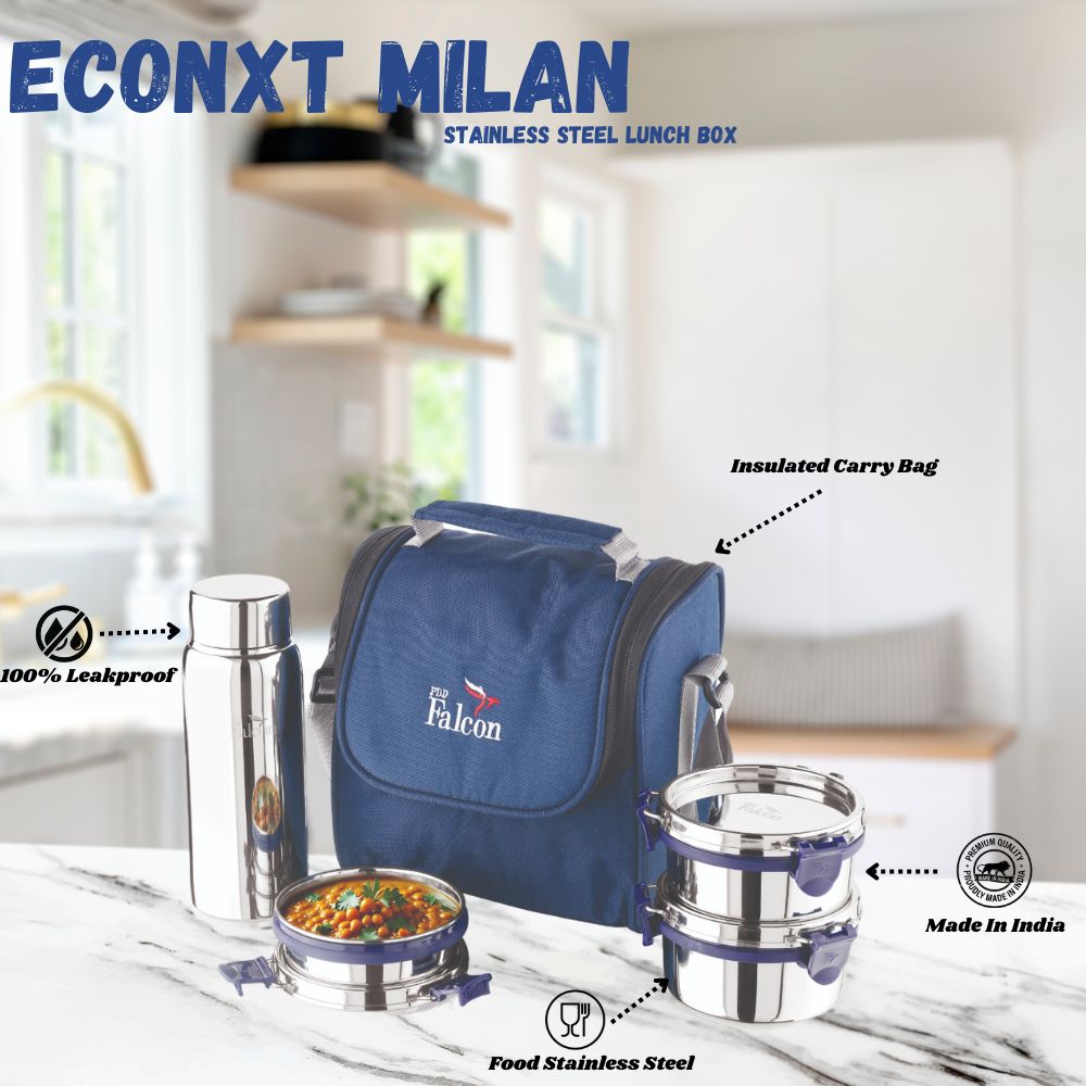PddFalcon Stainless Steel EcoNxt Milan Lunch Box With 100% Leakproof Water Bottle Set of 4, 1350ml