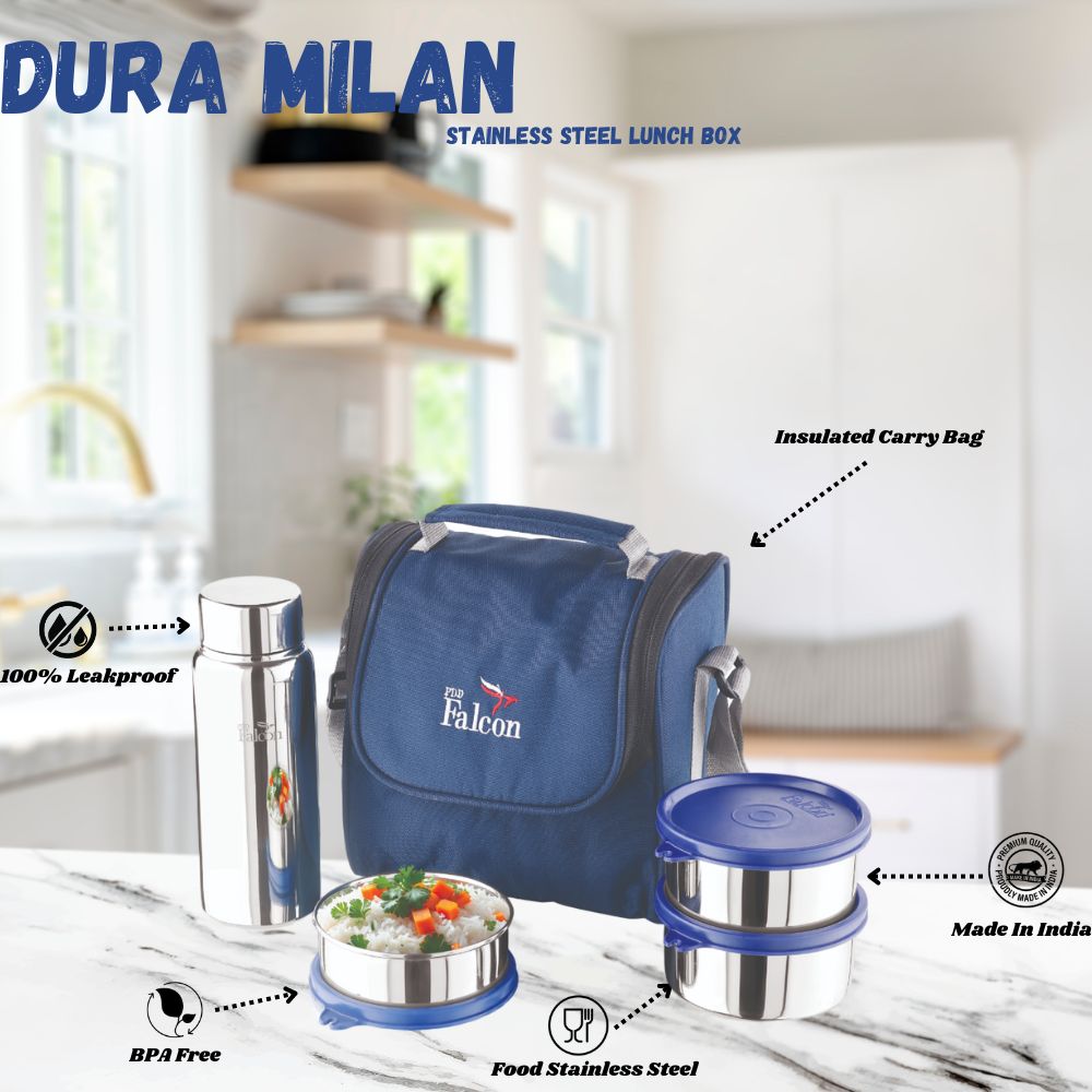 PddFalcon Stainless Steel Dura Milan Lunch Box With 100% Leakproof Water Bottle Set of 4, 1450ml