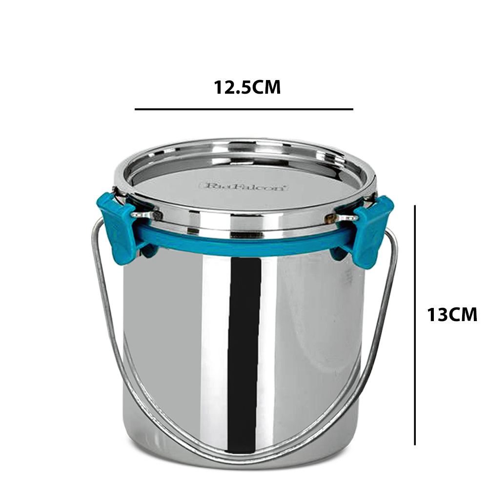 Stainless steel barni with sleek design, mirror polish, holder, 100% leakproof and can be used to store beverages like milk or juices.