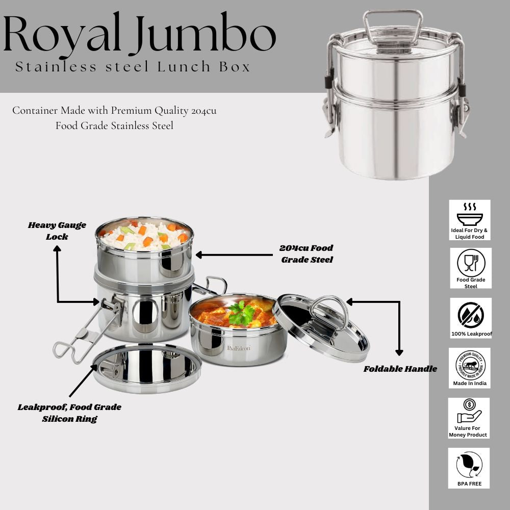 PddFalcon Stainless Steel Royal Jumbo Lunch Box Set of 2, 1000ml