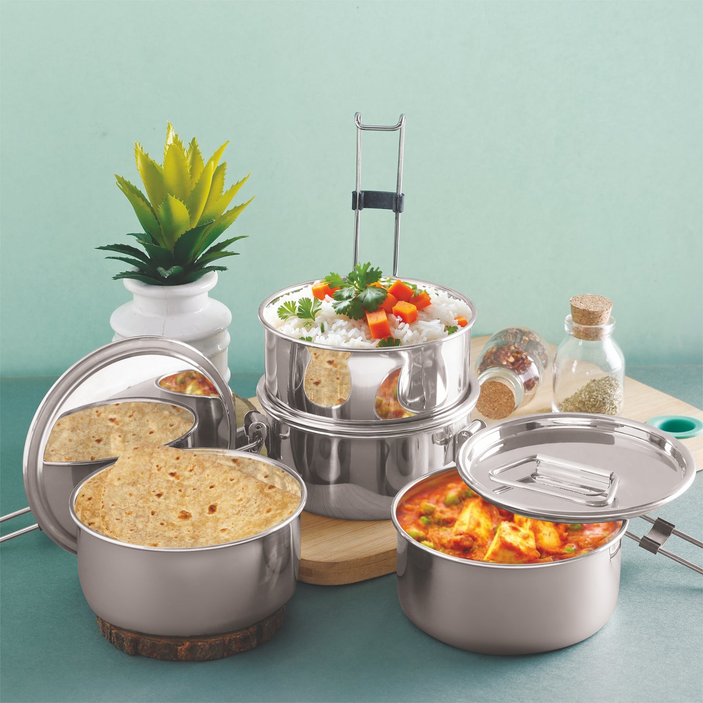 PddFalcon Stainless Steel Royal Alpha 5x4 Lunch Box With 4 Tier, 2200ml