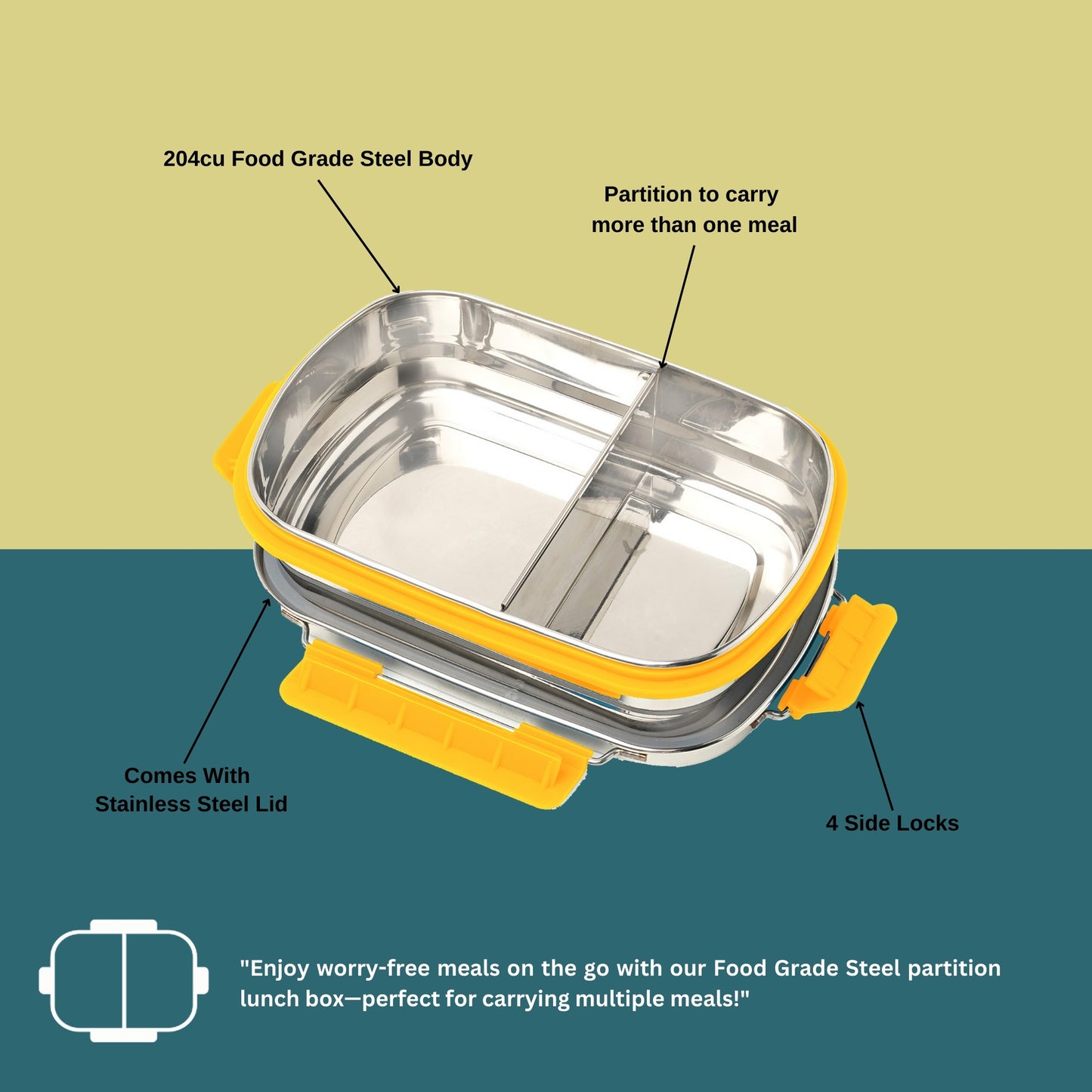 PddFalcon Stainless Steel Munch Duo Lunch Box with 2 Partition - 750ml Yellow