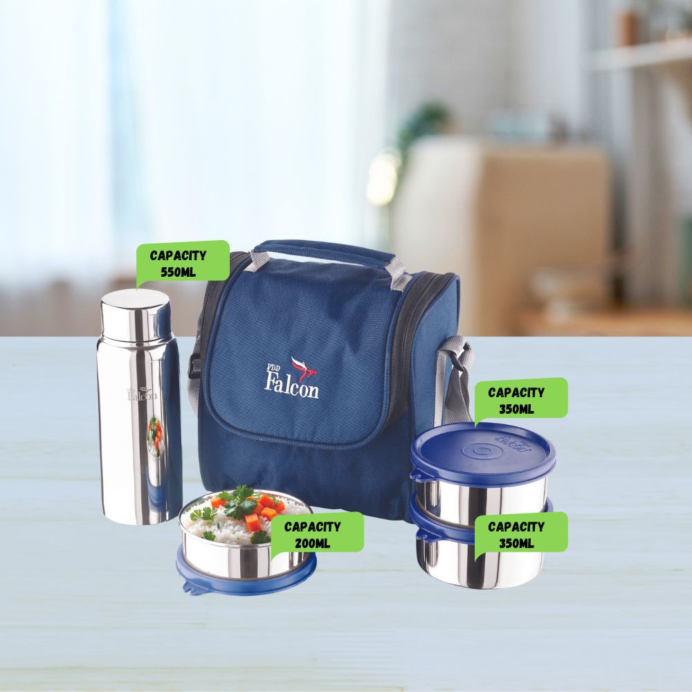PddFalcon Stainless Steel Dura Milan Lunch Box With 100% Leakproof Water Bottle Set of 4, 1450ml