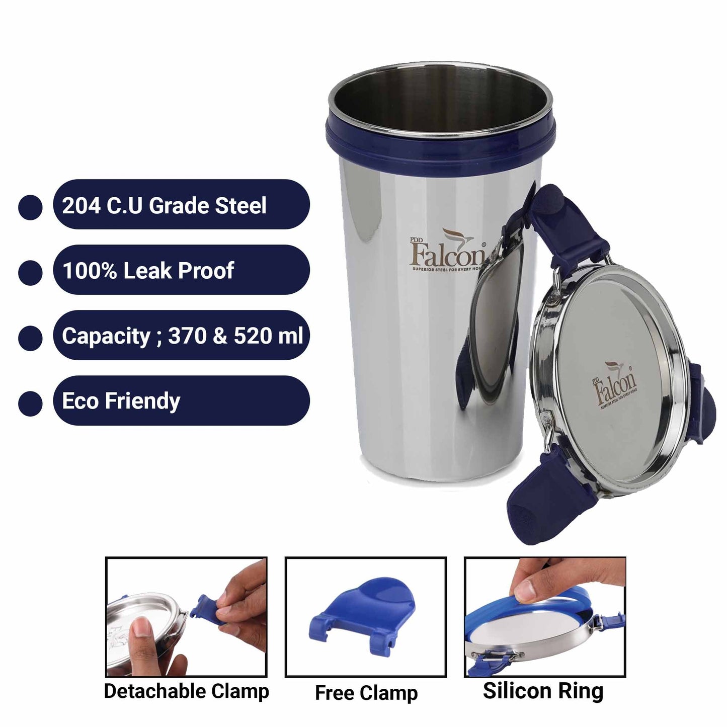 Steel tumbler with steel lids and detachable clamp, free clamp and silicon ring