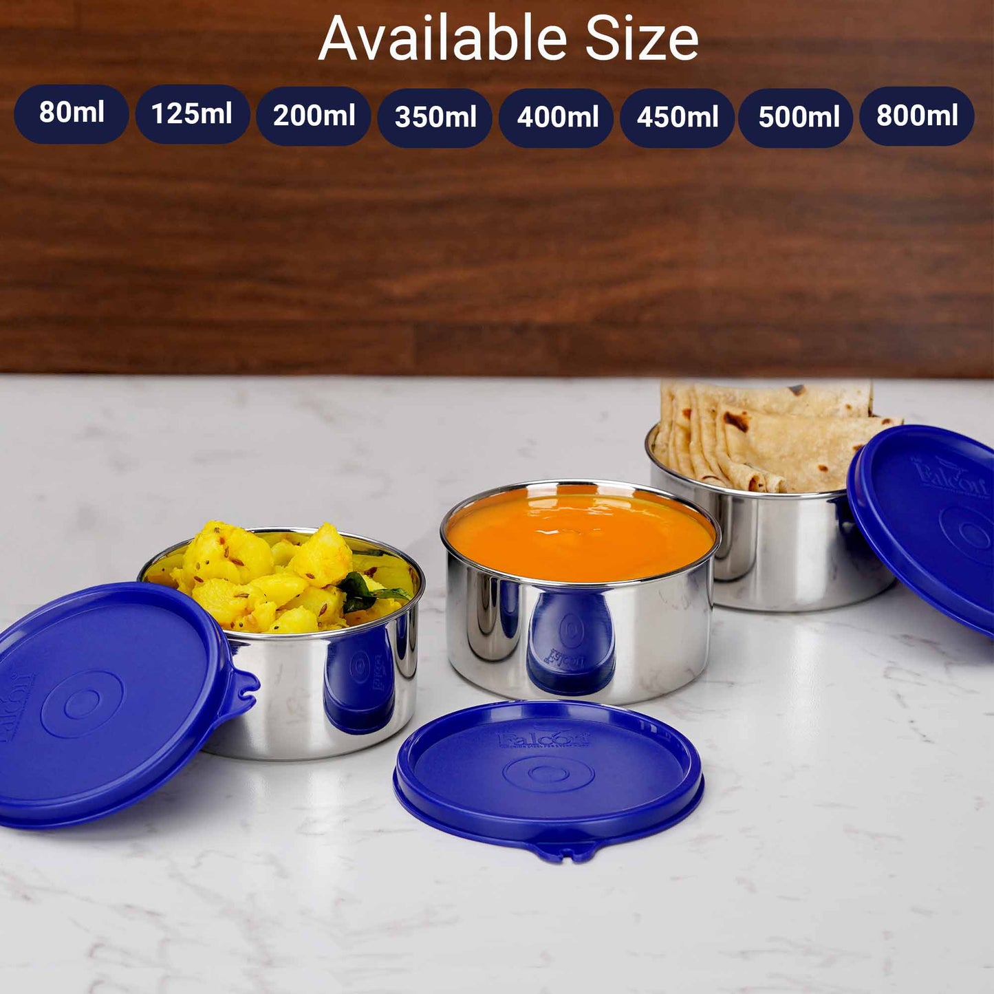 Dura stainless steel lunchbox containers in many sizes - 80ml, 125ml, 200ml, 350ml, 400ml, 450ml, 500ml and 800ml