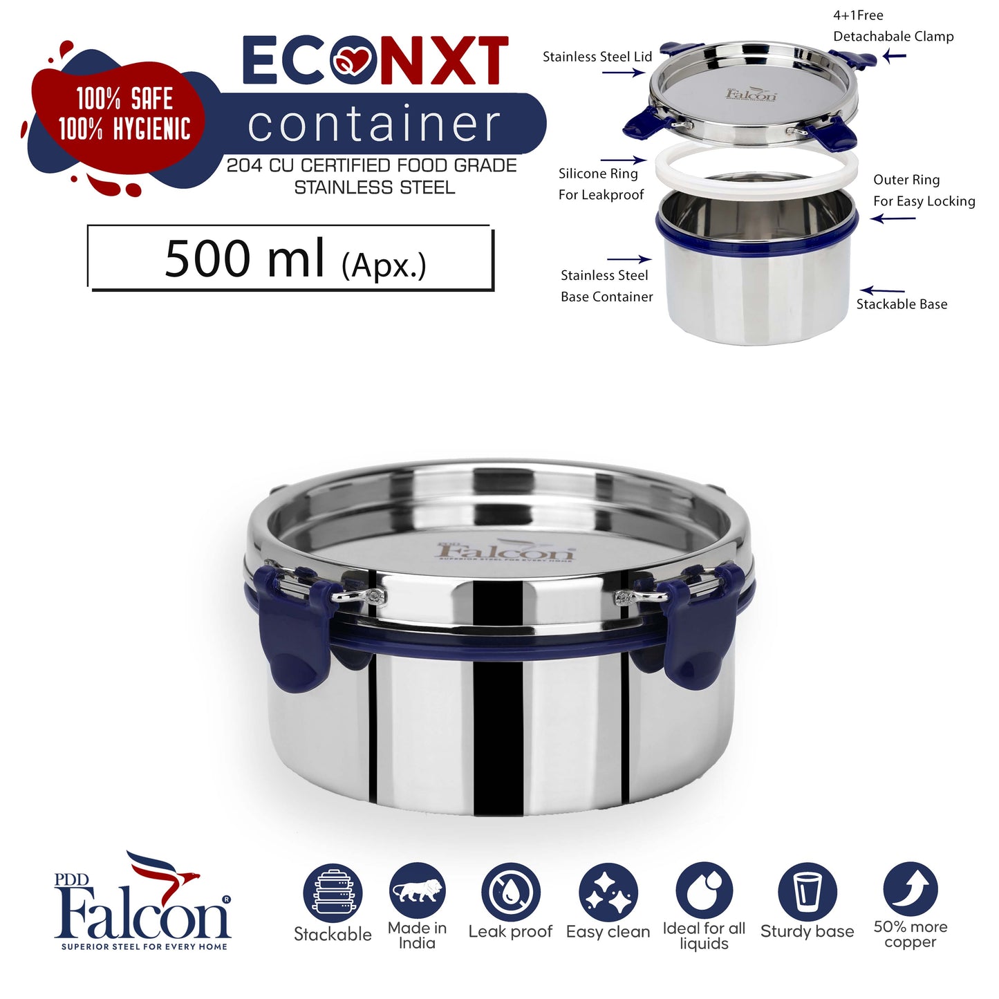 Econxt containers 500ml comes with detachable clamps, a free clamp and silicon ring. It is fully leakproof, stackable, eco-friendly, sturdy base, crack and rust proof, mirror polish and BPA free.