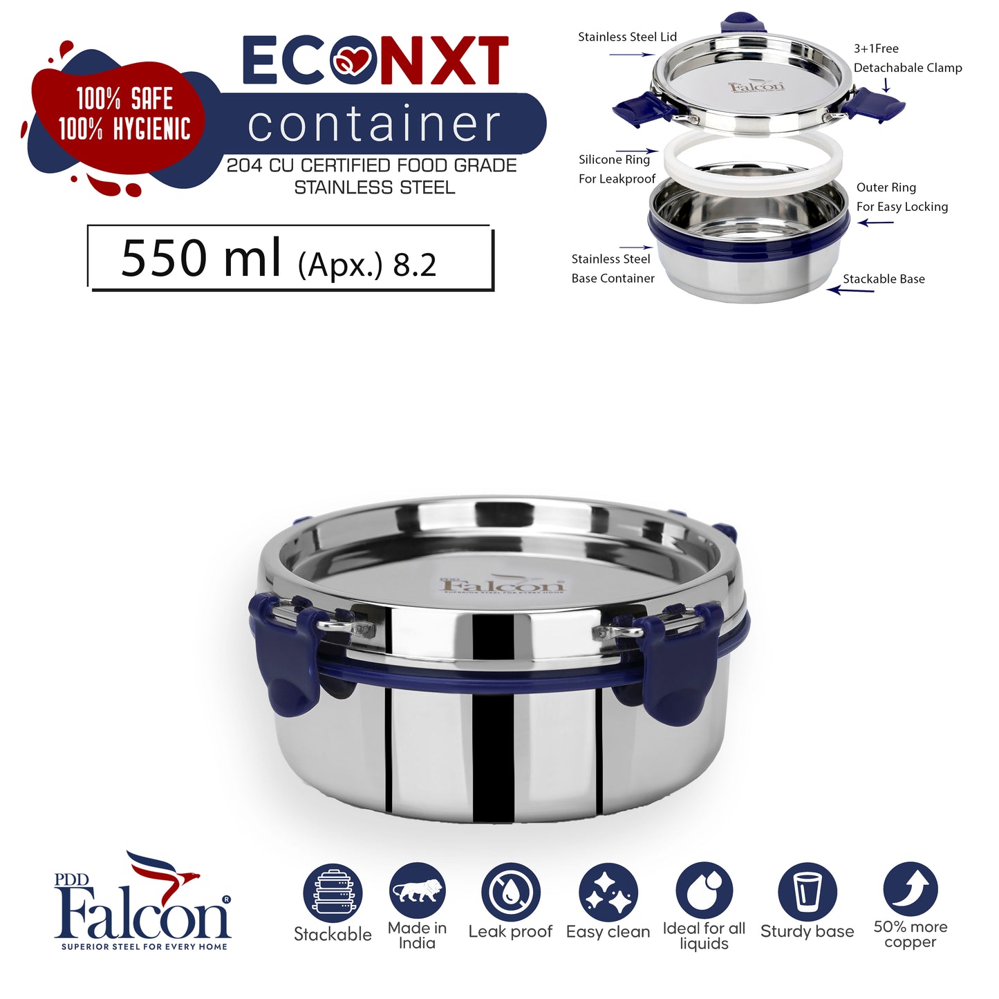 Econxt containers 550ml comes with detachable clamps, a free clamp and silicon ring. It is fully leakproof, stackable, crack and rust proof, mirror polish and BPA free.