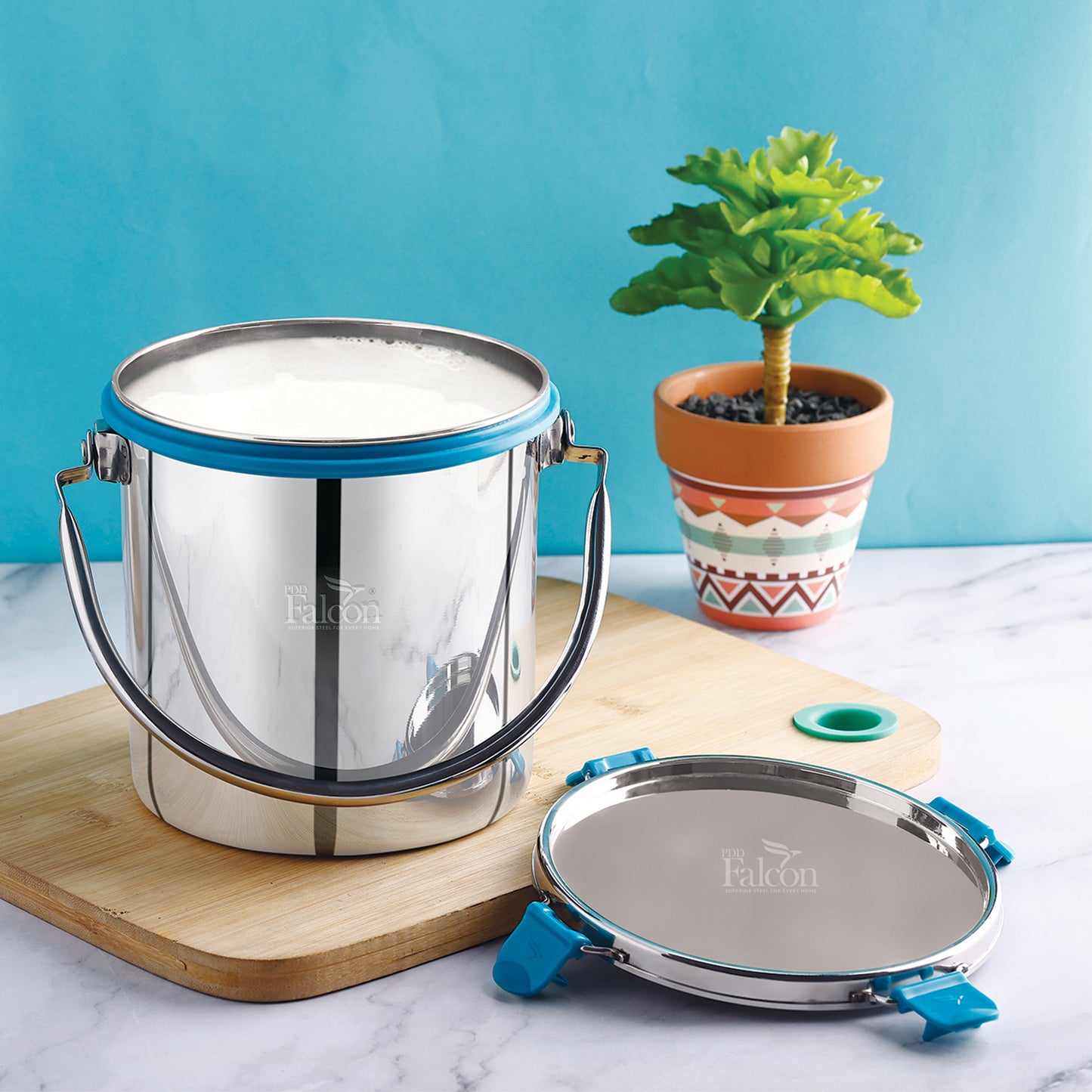 PddFalcon Stainless Steel Akhand - Jointless Barni with Lid, 2200ML (Sea Green)