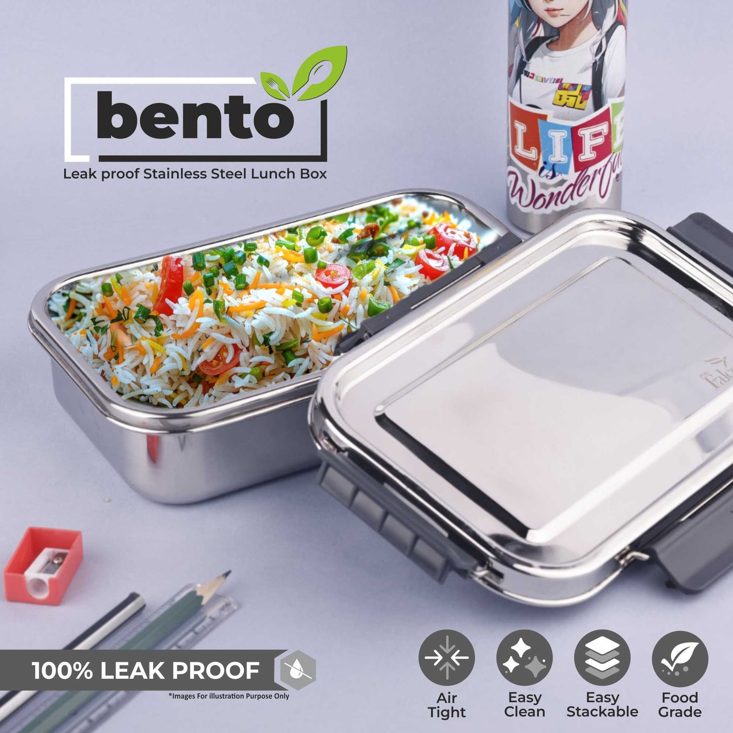 PDDFALCON Stainless Steel Bento Lunch Box Microwave Safe,100%Leakproof Container and Air Tight 1000ml Grey
