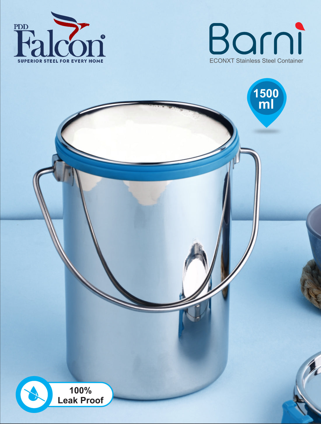 Stainless steel barni with sleek design, mirror polish, holder, 100% leakproof and can be used to store beverages like milk or juices.