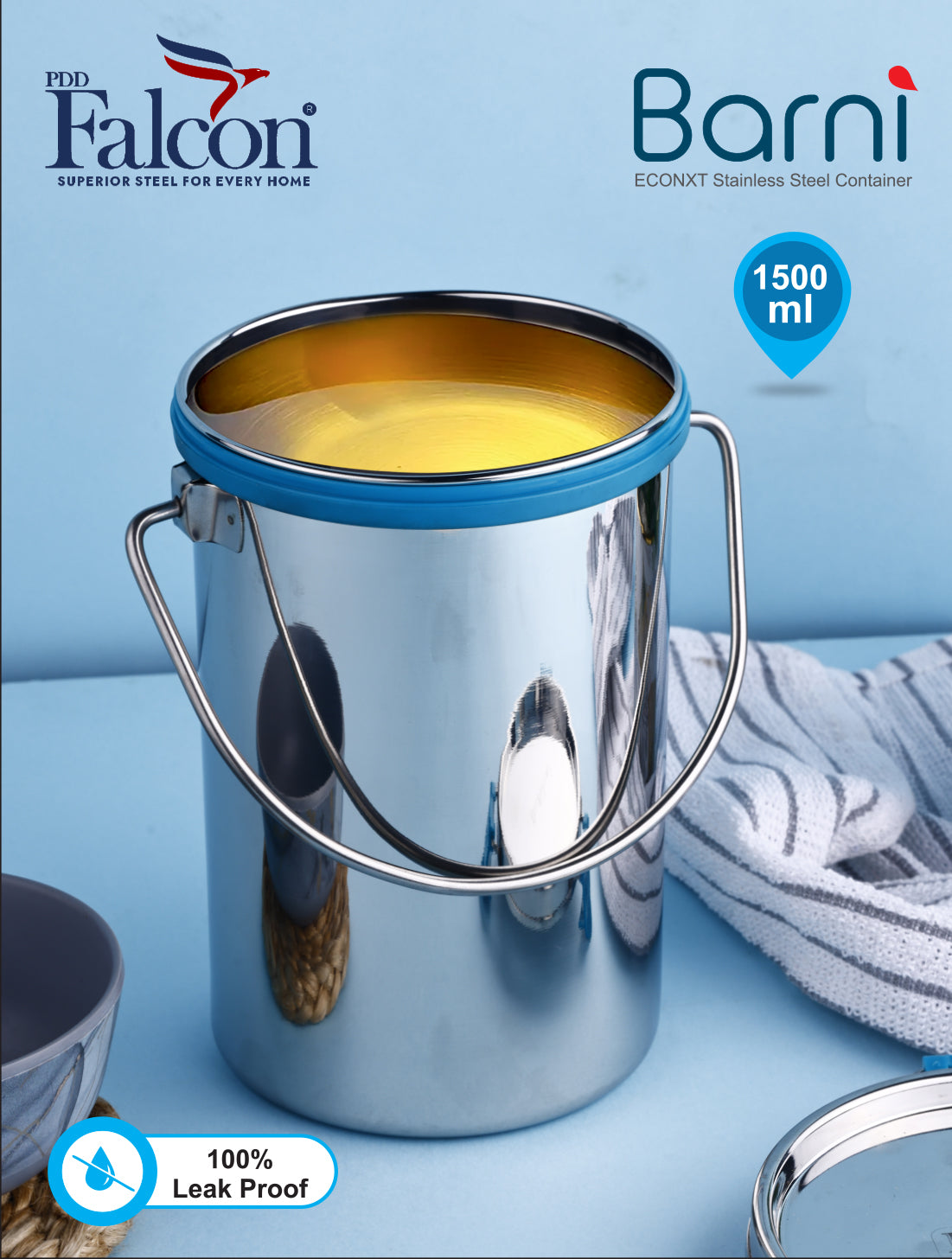 Stainless steel barni with sleek design, mirror polish, holder, 100% leakproof and can be used to store beverages like milk or juices.