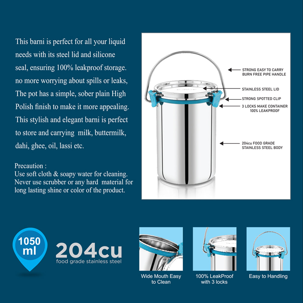 Features pf Exonxt barni include 100% leakproof lids, high polish finish, its stylish and modern, steel handle to carry, stainless steel lid, strong locks and 100% food grade stainless steel