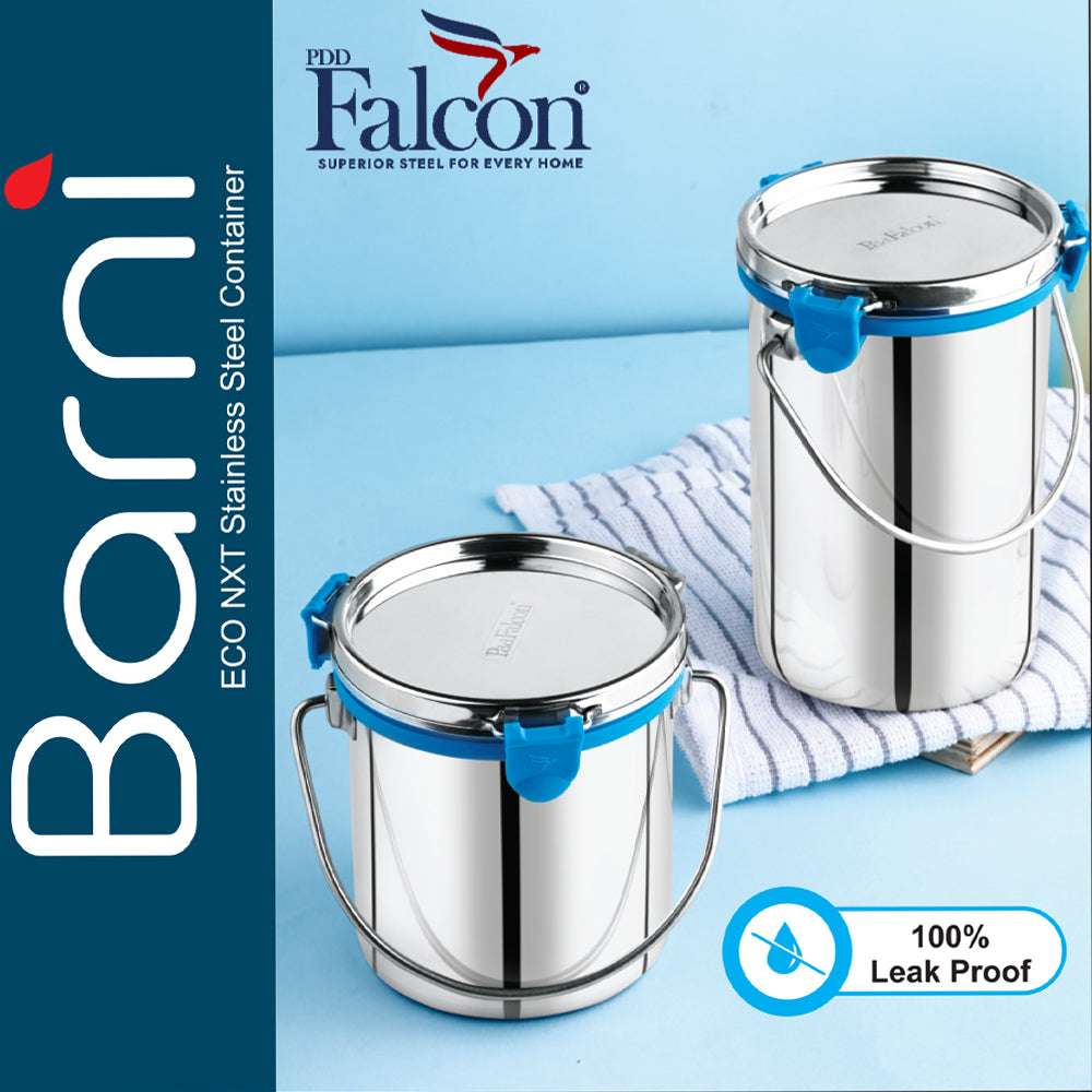 Stainless steel barni with sleek design, mirror polish, holder, 100% leakproof and can be used to store beverages like milk or juices.