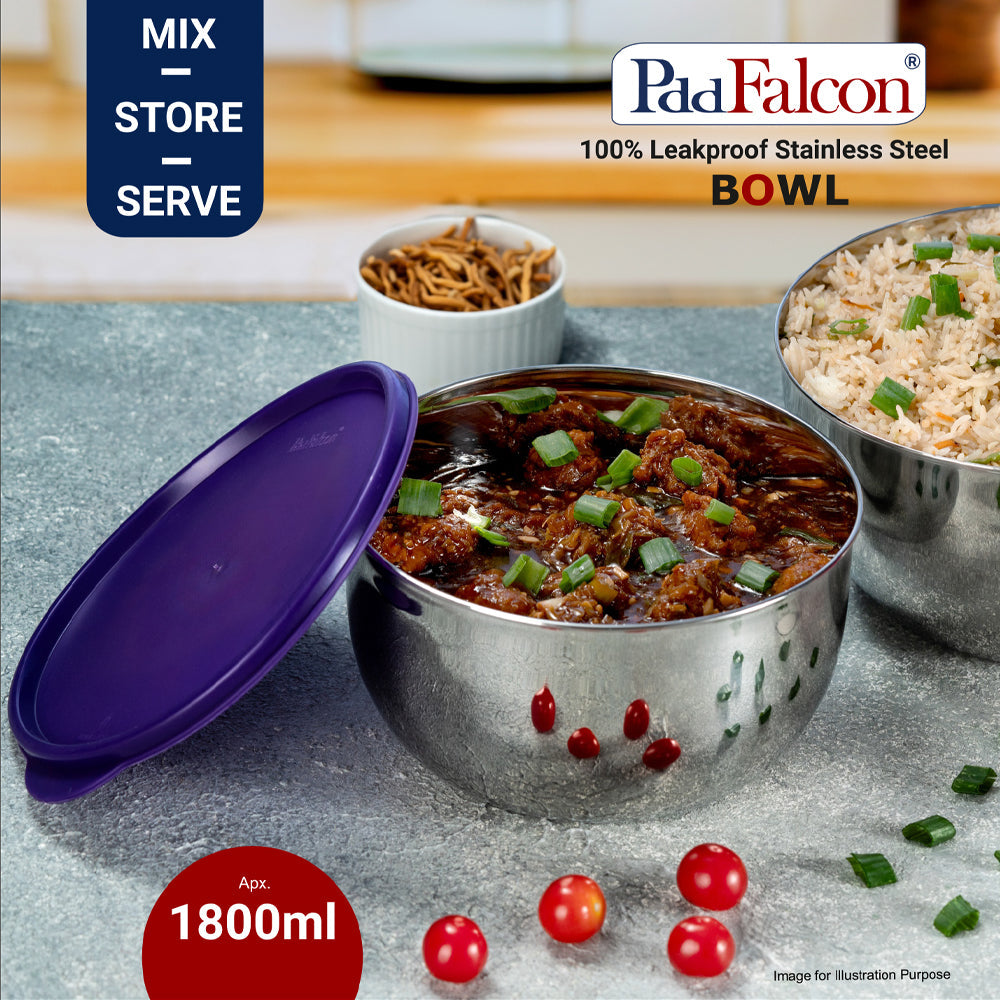 Stainless steel 1800ml bowl with fresh food to mix, store or serve, 100% leakproof & affordable