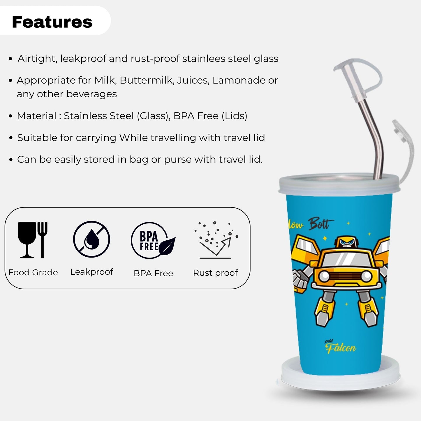 PddFalcon Steel Straw Glass 1pcs Bott Blue FP24016 CN9 - 450ml