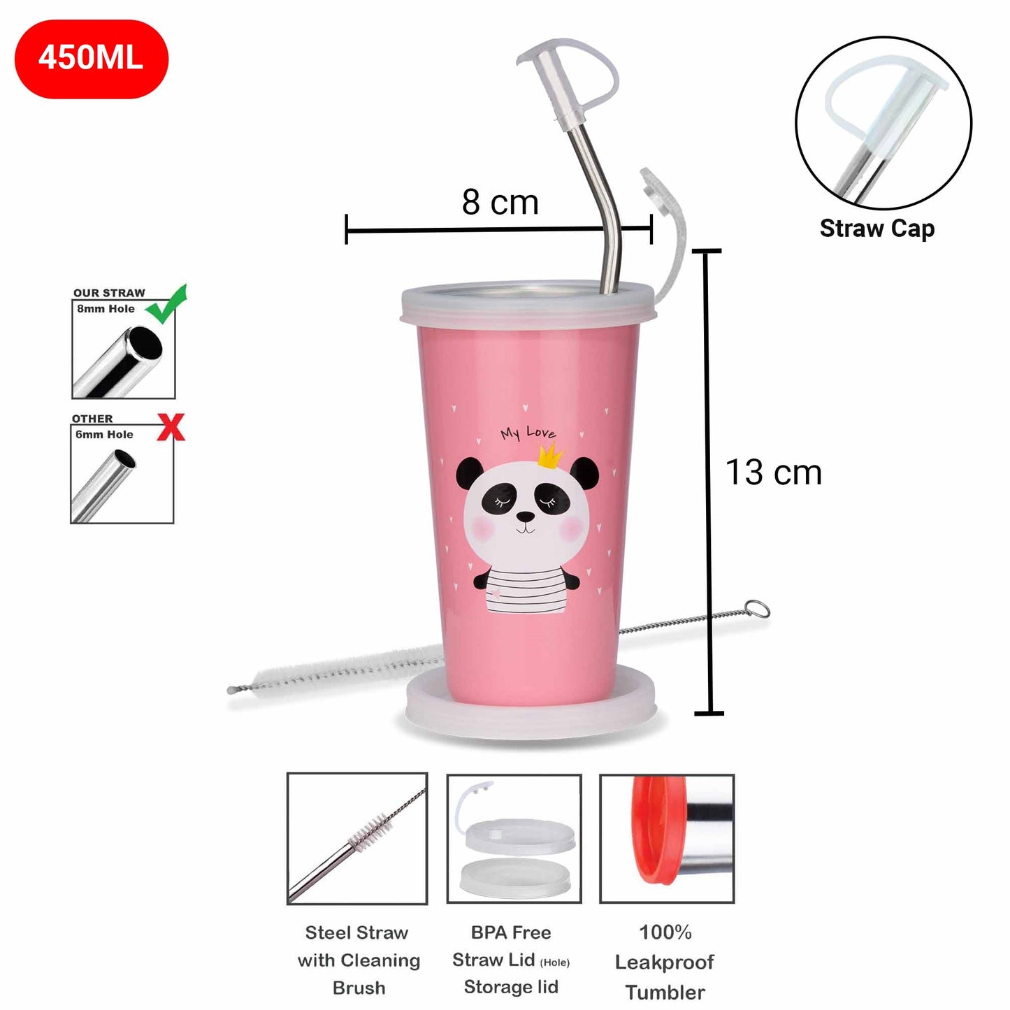 Cartoon themed Stainless steel sipper for kids with steel straw, straw cap, storage lid and straw cleaning brush, its 100% leakproof and crack and rust free.