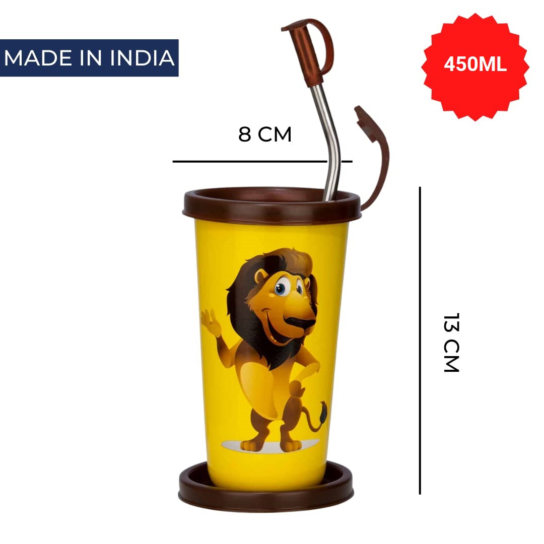 Lion king Stainless steel sipper for kids with steel straw, straw cap, storage lid and straw cleaning brush, its 100% leakproof and crack and rust free.