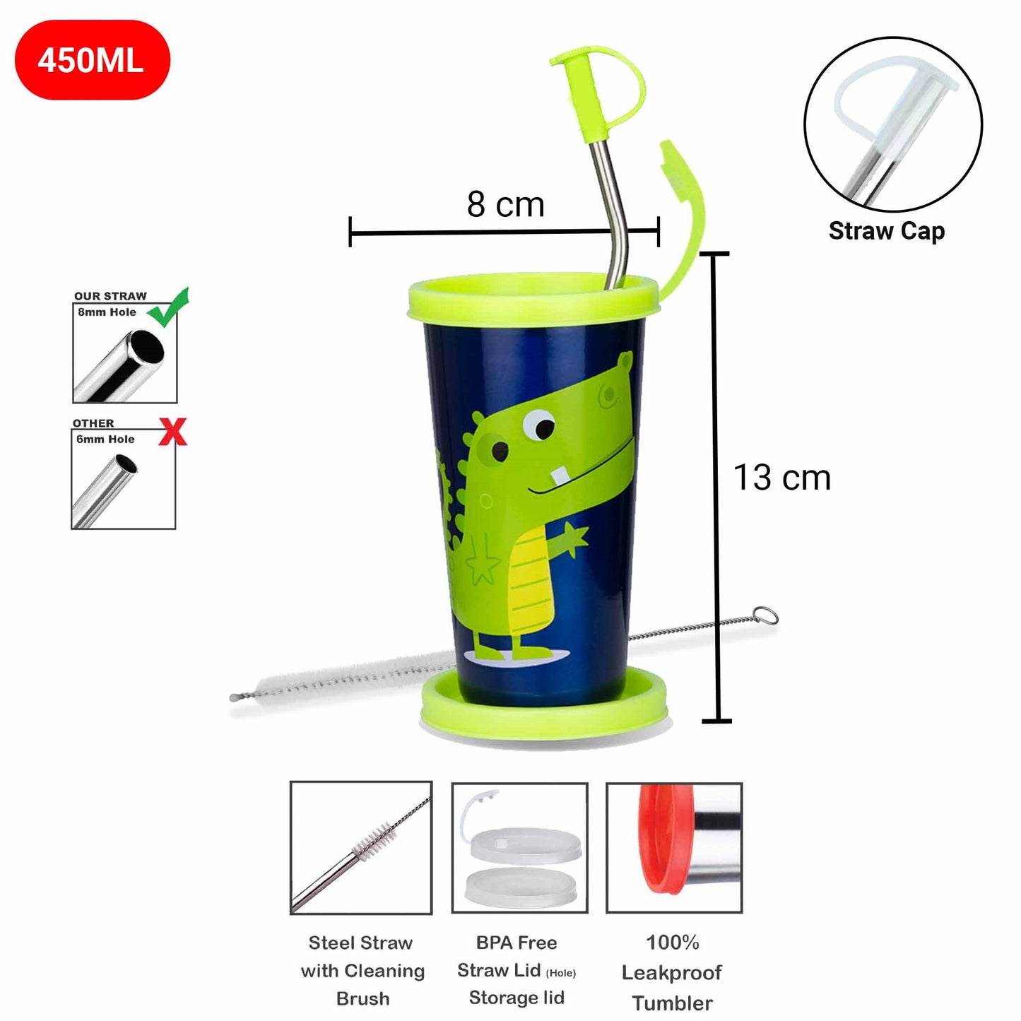 Dinosaurs themed Stainless steel sipper for kids with steel straw, straw cap, storage lid and straw cleaning brush, its 100% leakproof and crack and rust free.