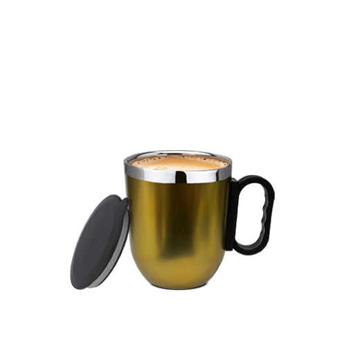 Golden Costa Mug with lid - fully stainless steel, excellent heat insulation, handle for grip - perfect for your morning coffee.