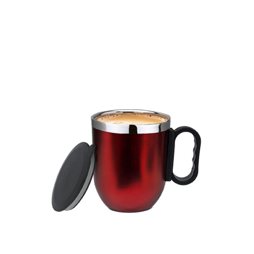 Red Costa Mug with lid - fully stainless steel, excellent heat insulation, handle for grip - perfect for your morning coffee.