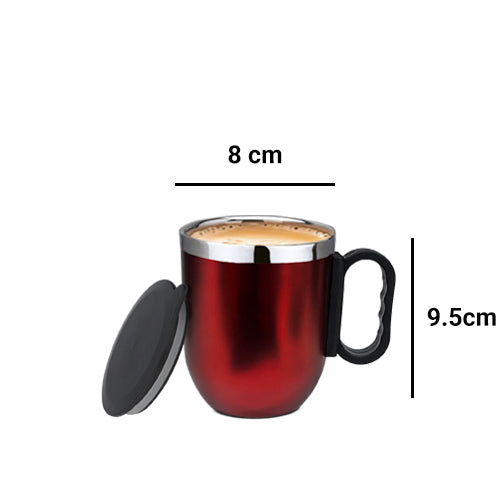Red Costa Mug displayed with dimensions Height: 9.5cm Width: 8cm. Mug measures 280ml (approximately 9.5 fl oz) - perfect size for your morning coffee.