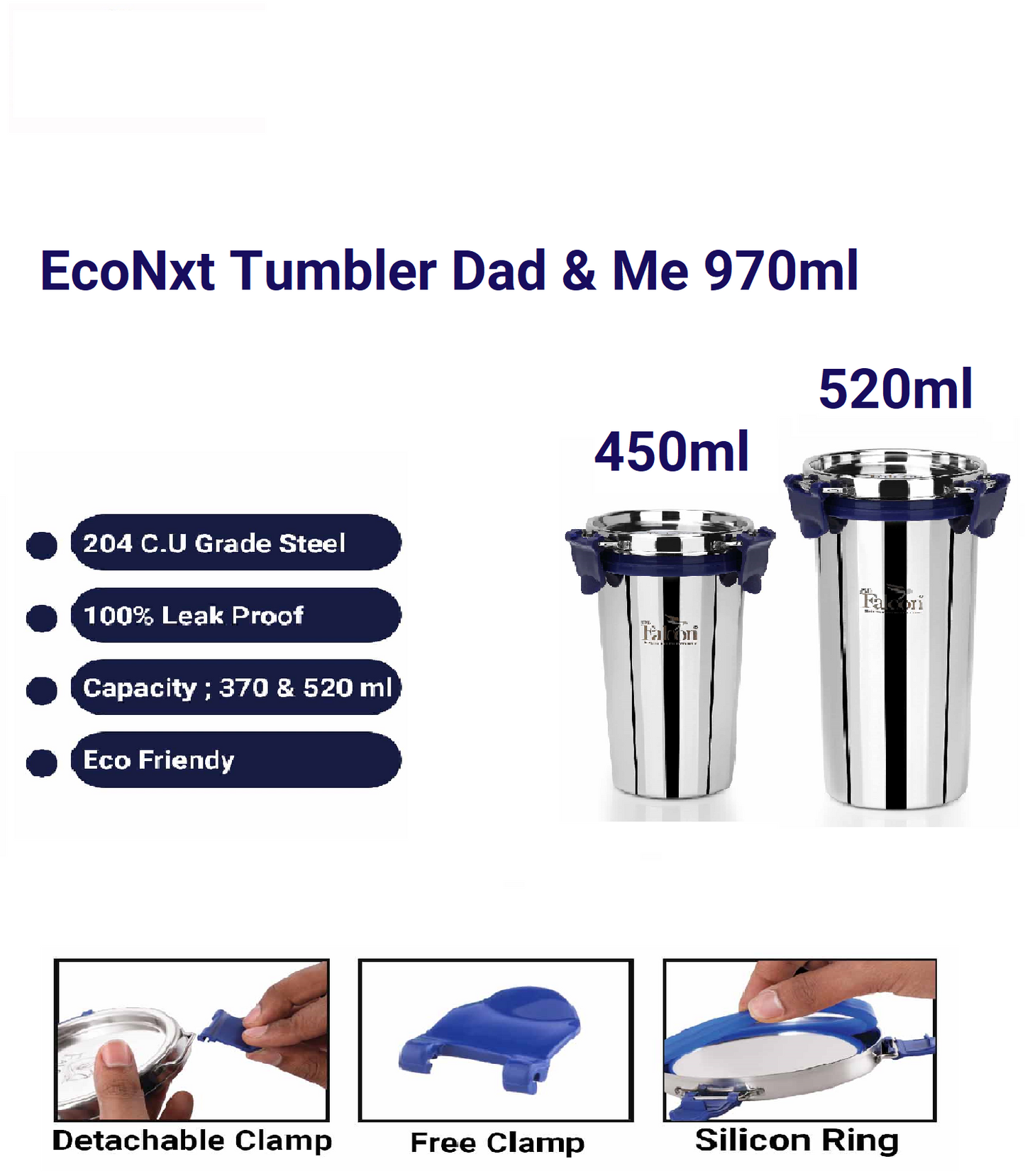 Dad and me steel tumblers 450ml and 520ml with detachable clamp, one free clamp, silicon ring