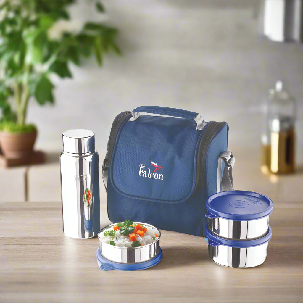 PddFalcon Stainless Steel Dura Milan Lunch Box With 100% Leakproof Water Bottle Set of 4, 1450ml