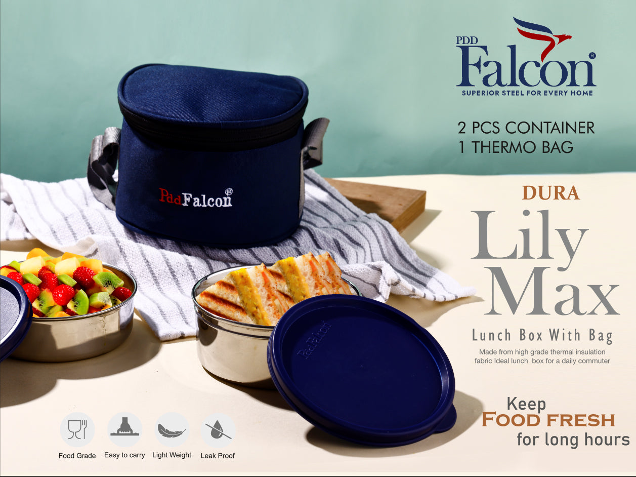 Dura Lily max Lunchbox made up of food grade stainless steel, crack and rust free, BPA free, keeps food fresh and includes an insulated navy blue bag.