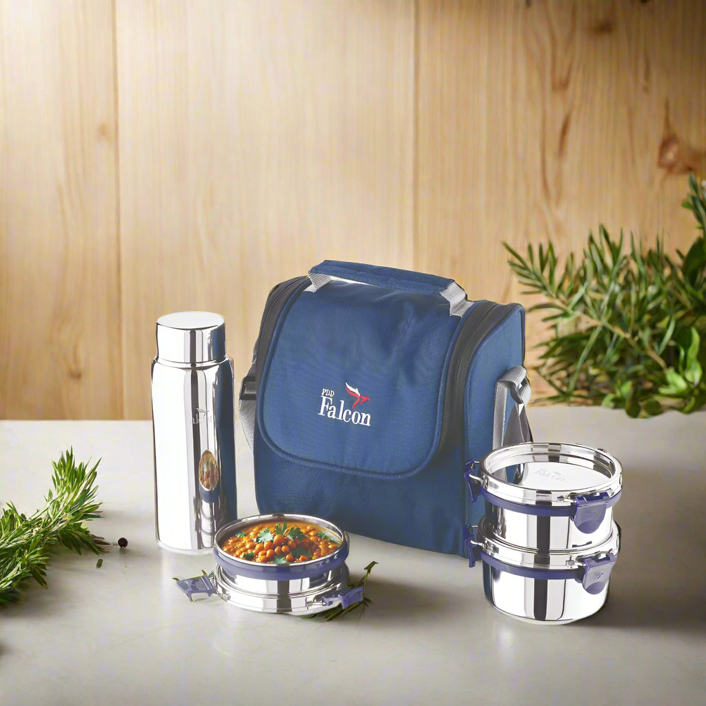 PddFalcon Stainless Steel EcoNxt Milan Lunch Box With 100% Leakproof Water Bottle Set of 4, 1350ml
