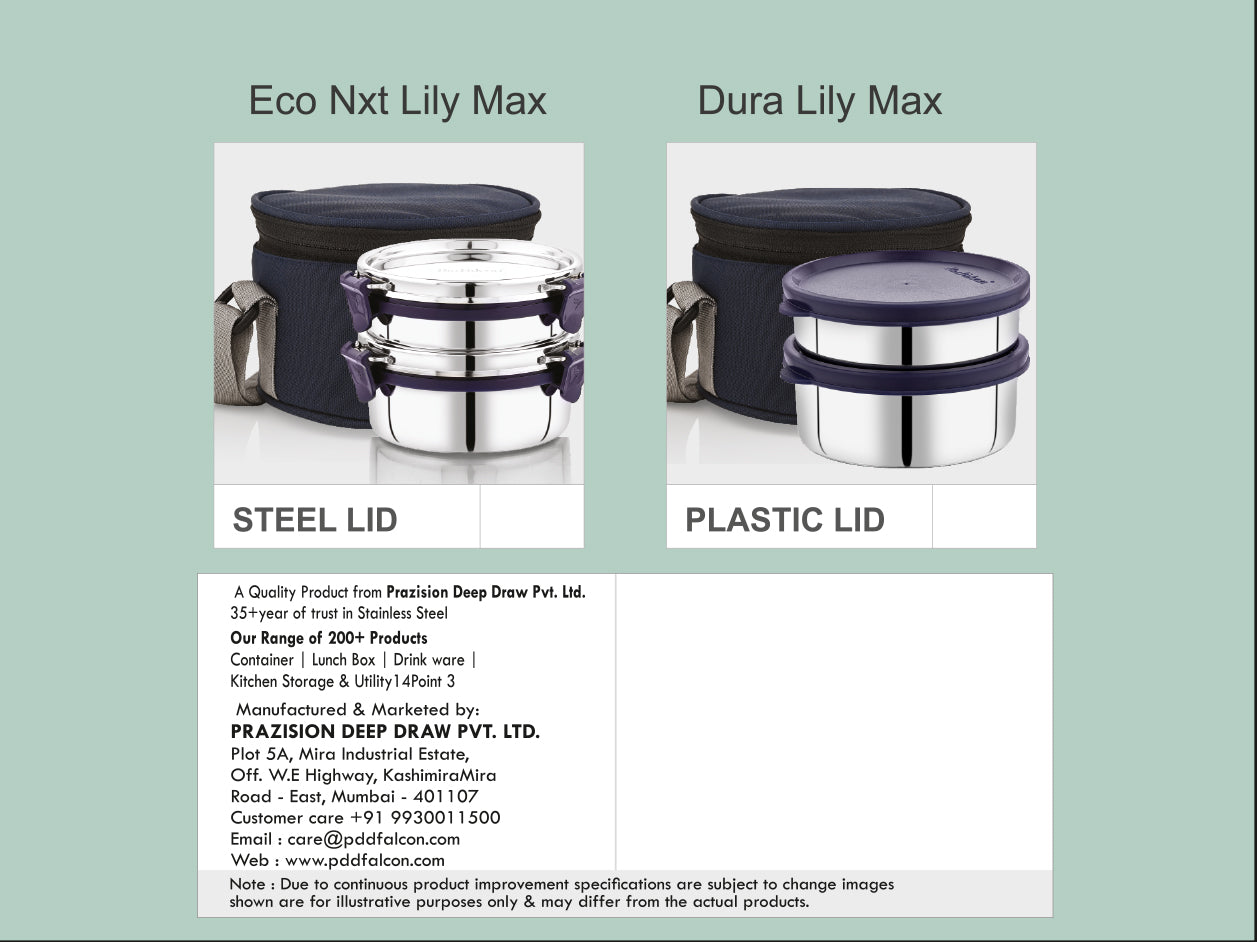 PddFalcon has two ranges of stainless steel lunchboxes - with steel lids and plastic lids and also includes an insulted navy blue bag easy to carry.
