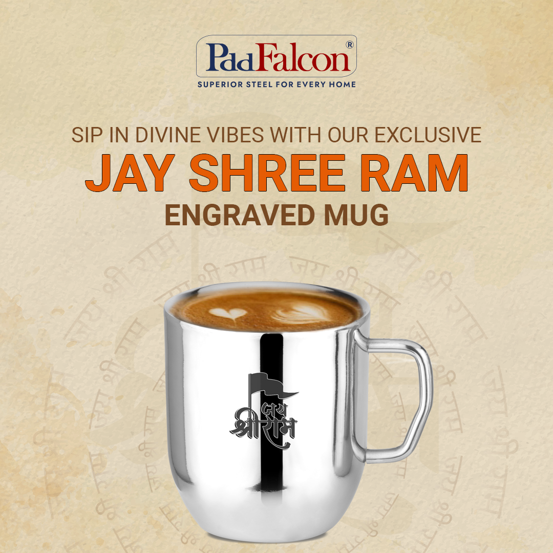 Jay Shree Ram engraved 520ml mug.  Sturdy base, mirror polish, stainless steel and eco-friendly.