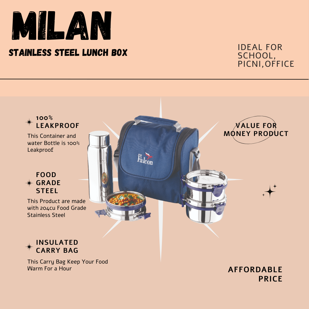 PddFalcon Stainless Steel EcoNxt Milan Lunch Box With 100% Leakproof Water Bottle Set of 4, 1350ml