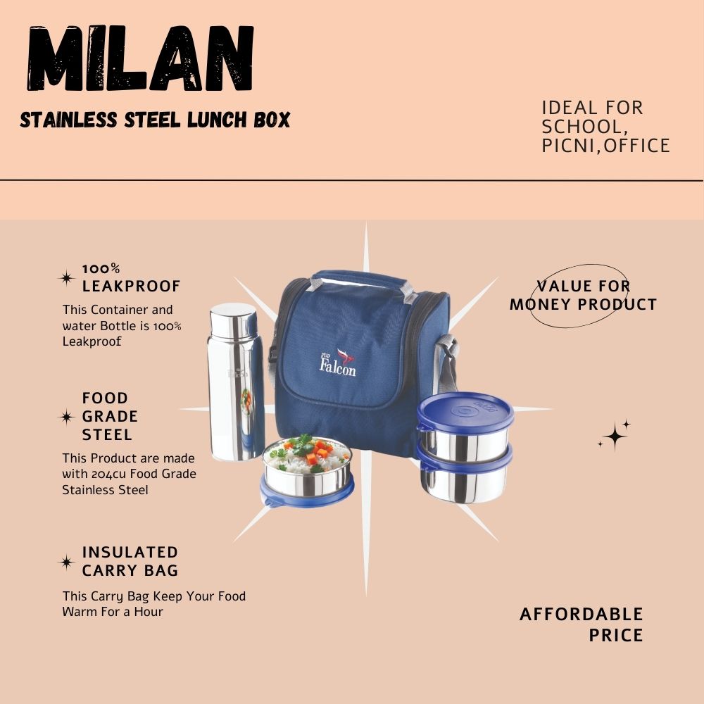 PddFalcon Stainless Steel Dura Milan Lunch Box With 100% Leakproof Water Bottle Set of 4, 1450ml
