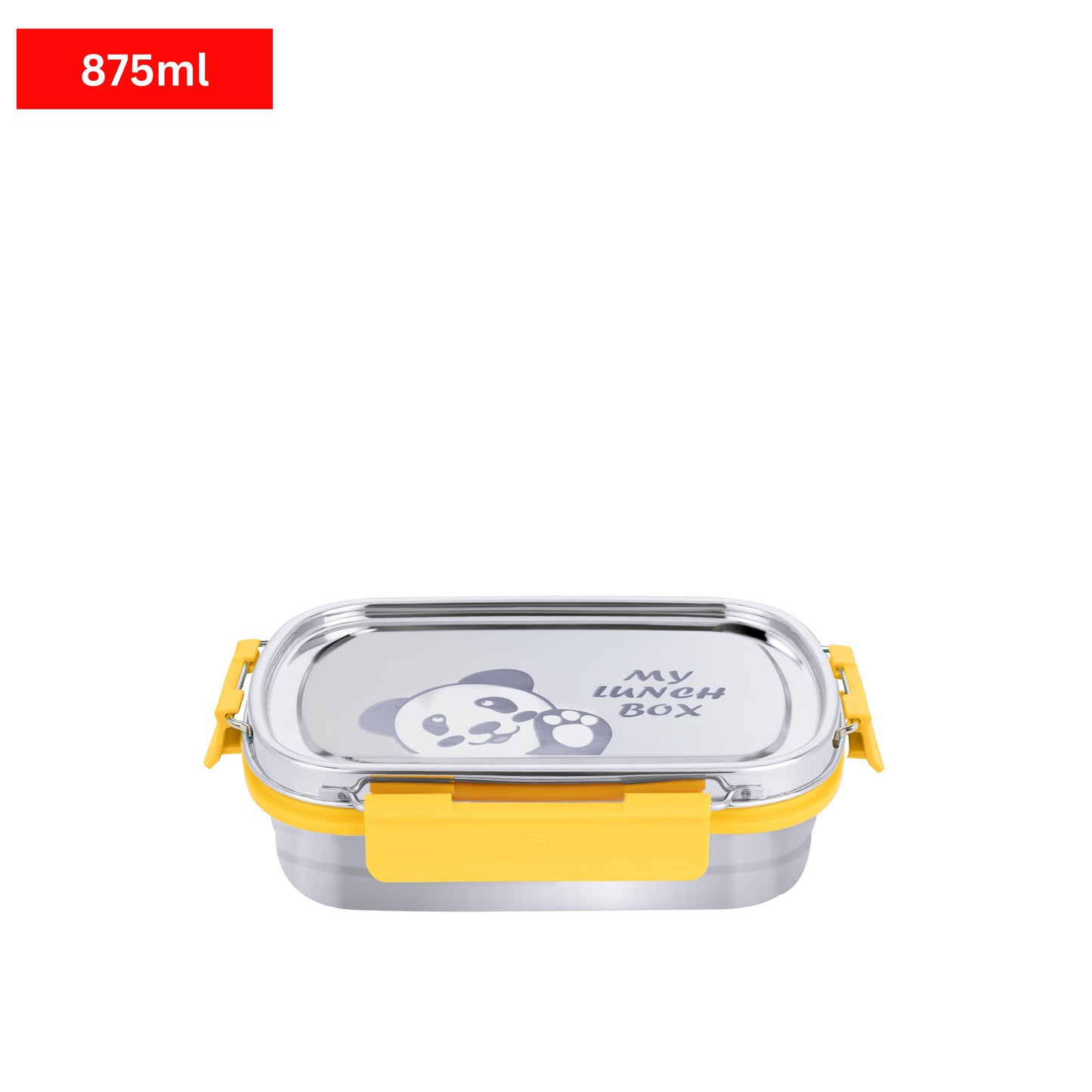 PddFalcon Stainless Steel Recta Munchy With Panda Print 100% Leakproof Lunch Box Yellow - 875ml