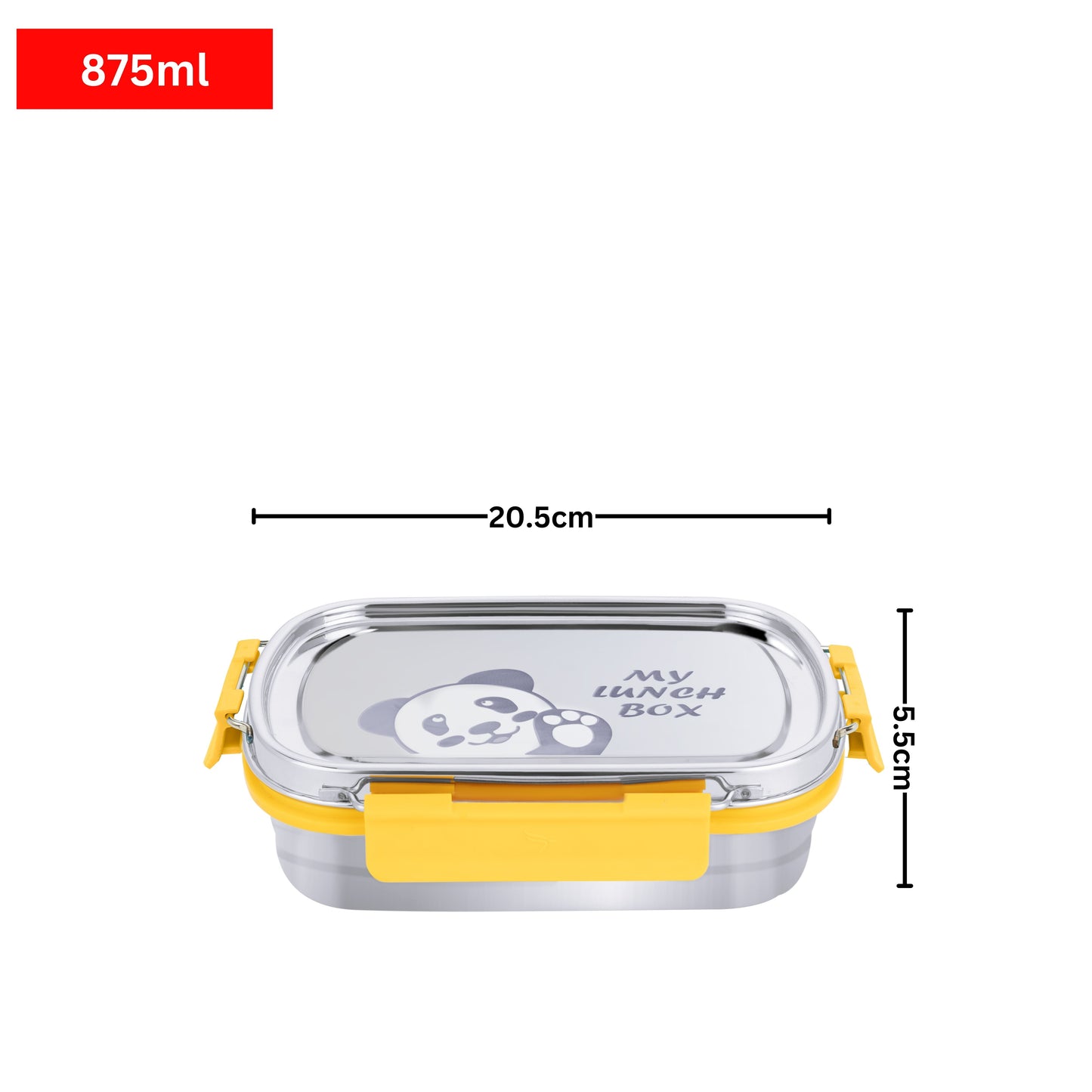 PddFalcon Stainless Steel Recta Munchy With Panda Print 100% Leakproof Lunch Box Yellow - 875ml