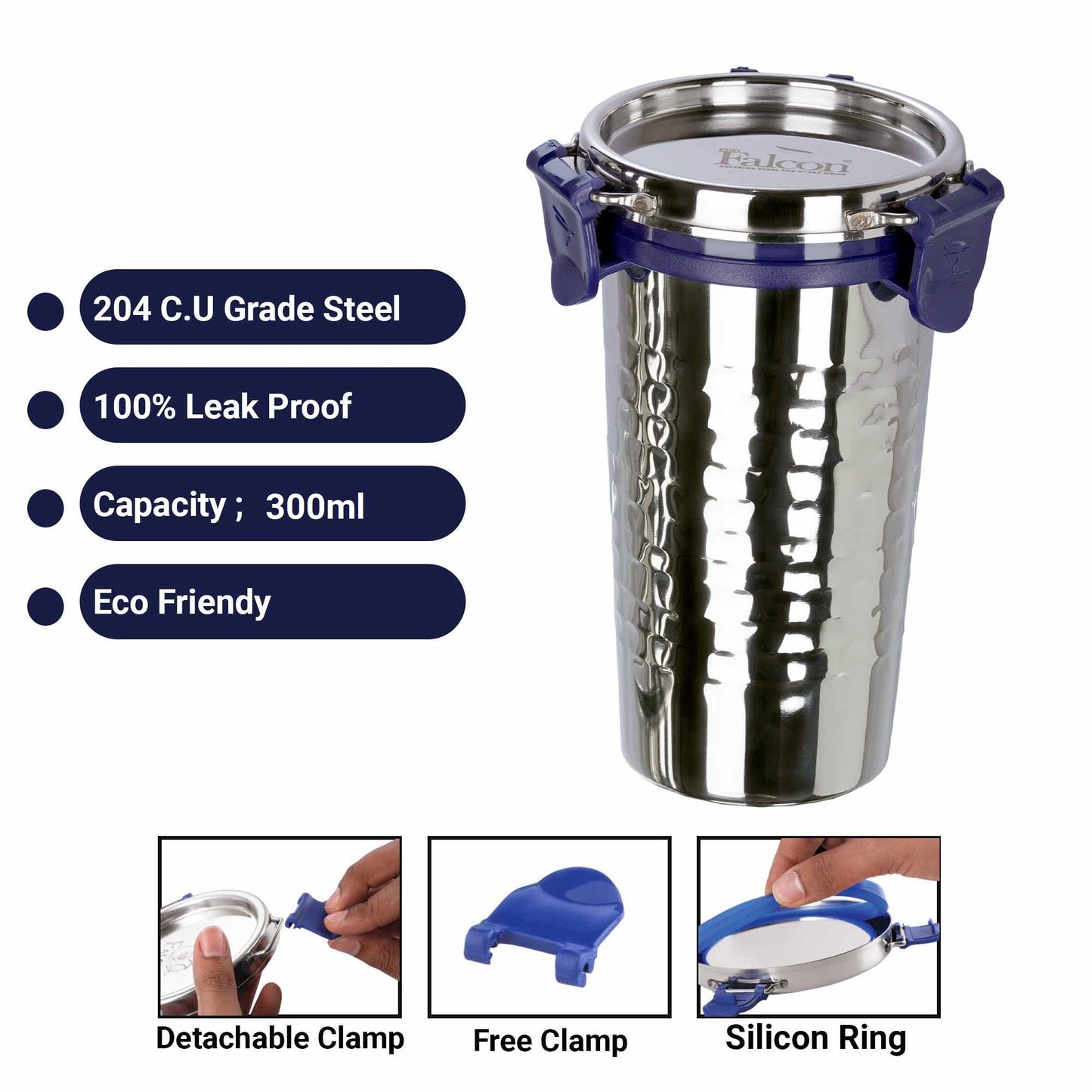 PddFalcon Stainless Steel Drinkware Econxt Hammered Tumbler 300ml Blue
