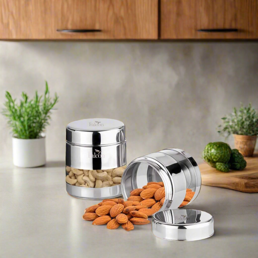 PddFalcon Stainless Steel Kitchen Storage Twist n Store see through Canister to store dry fruits, spices or masala