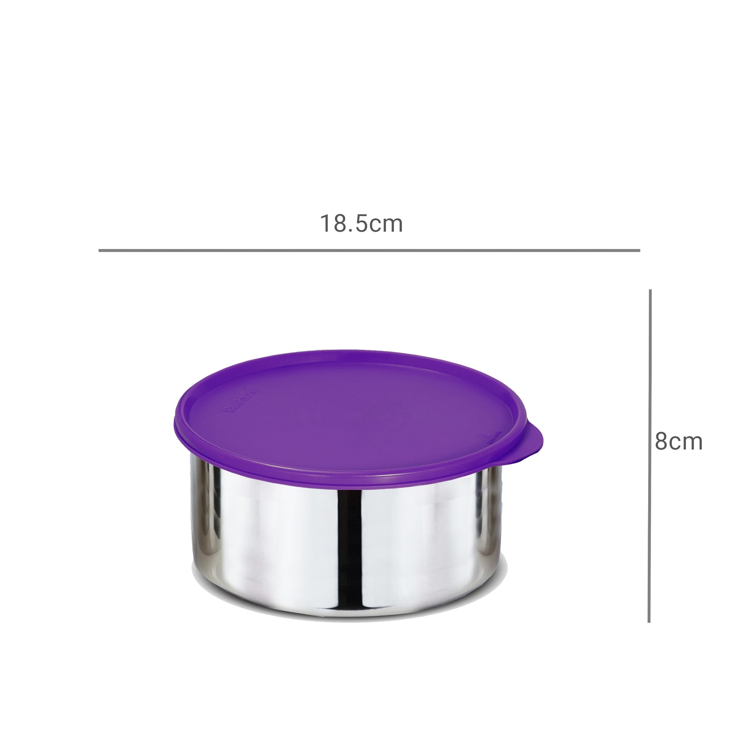Stainless steel purple lunch box container with dimensions H: 8cms and W: 18.5cms - sturdy base, fully stainless steel, affordable and not east to break