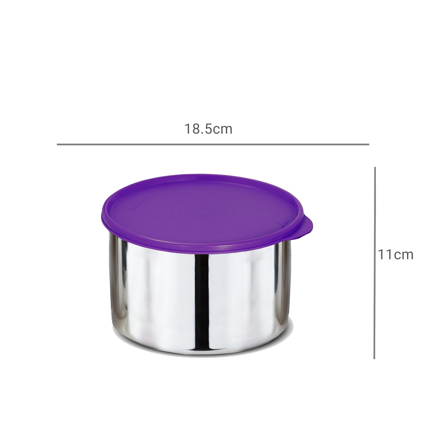 Stainless steel purple lunch box container with dimensions H: 11cms and W: 18.5cms - sturdy base, fully stainless steel, affordable and not east to break