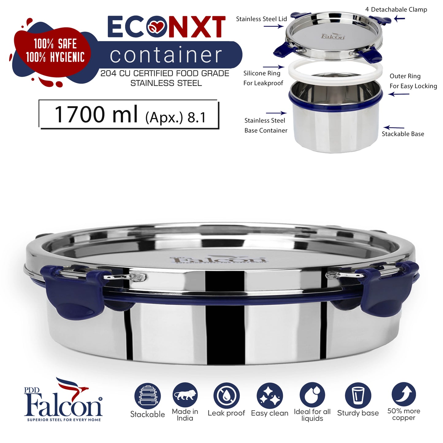 Econxt 1700ml container comes with detachable clamps, a free clamp and silicon ring. It is fully leakproof, stackable, crack and rust proof, mirror polish and BPA free.