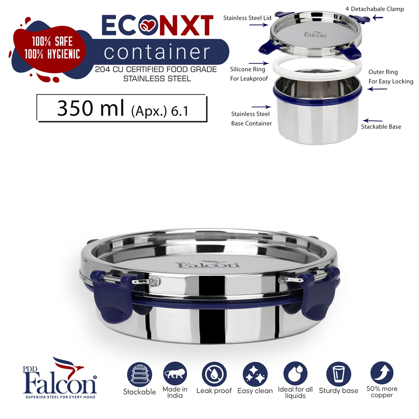 350ml PddFalcon Stainless Steel Eco Nxt Lunch Box Container - 100% leakproof, stackable, crack and rust free, easy lock with silicon ring