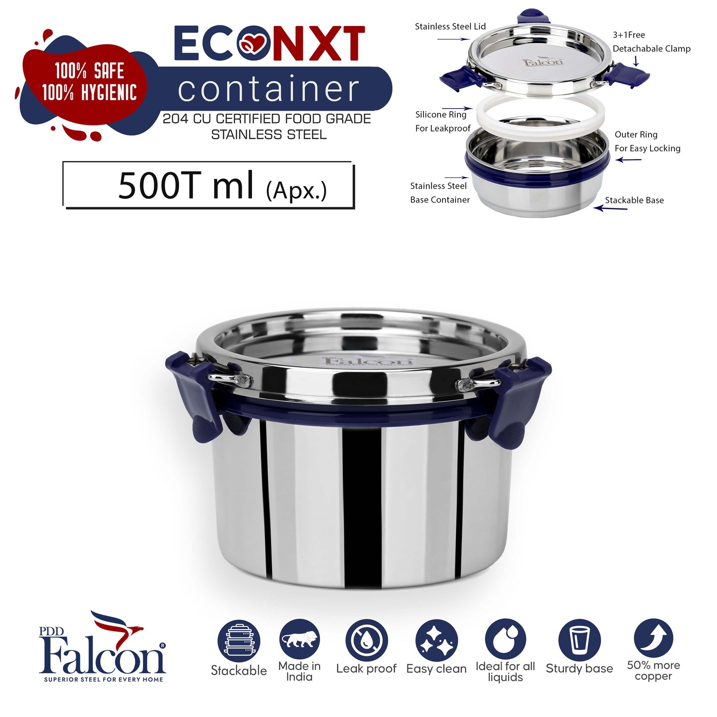 500ml PddFalcon Stainless Steel Eco Nxt Lunch Box Container - 100% leakproof, stackable, crack and rust free, easy lock with silicon ring