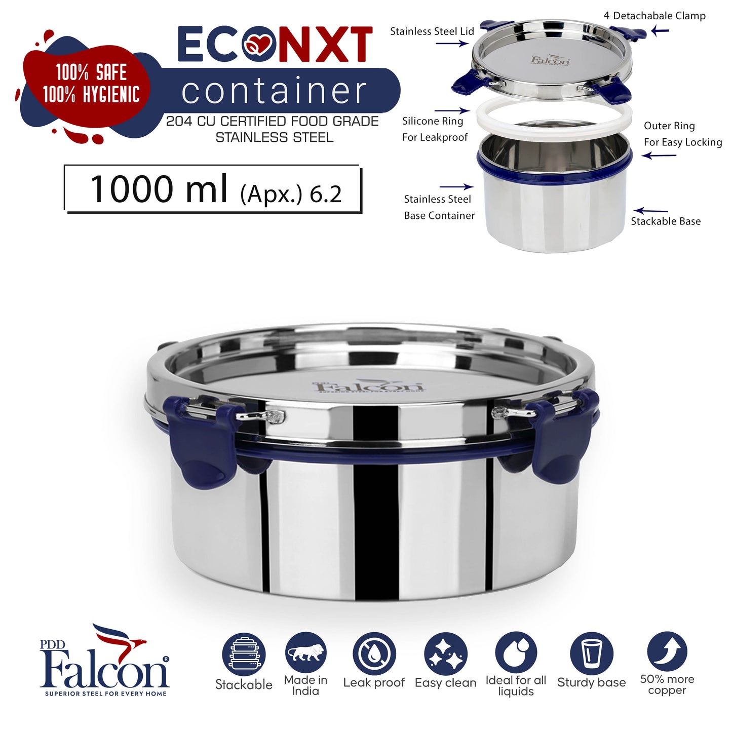 1000ml PddFalcon Stainless Steel Eco Nxt Lunch Box Container - 100% leakproof, stackable, crack and rust free, easy lock with silicon ring