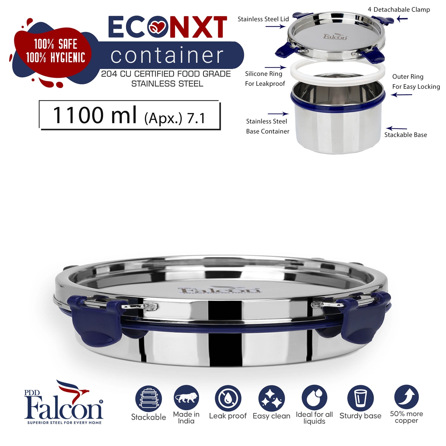 1100ml PddFalcon Stainless Steel Eco Nxt Lunch Box Container - 100% leakproof, stackable, crack and rust free, easy lock with silicon ring