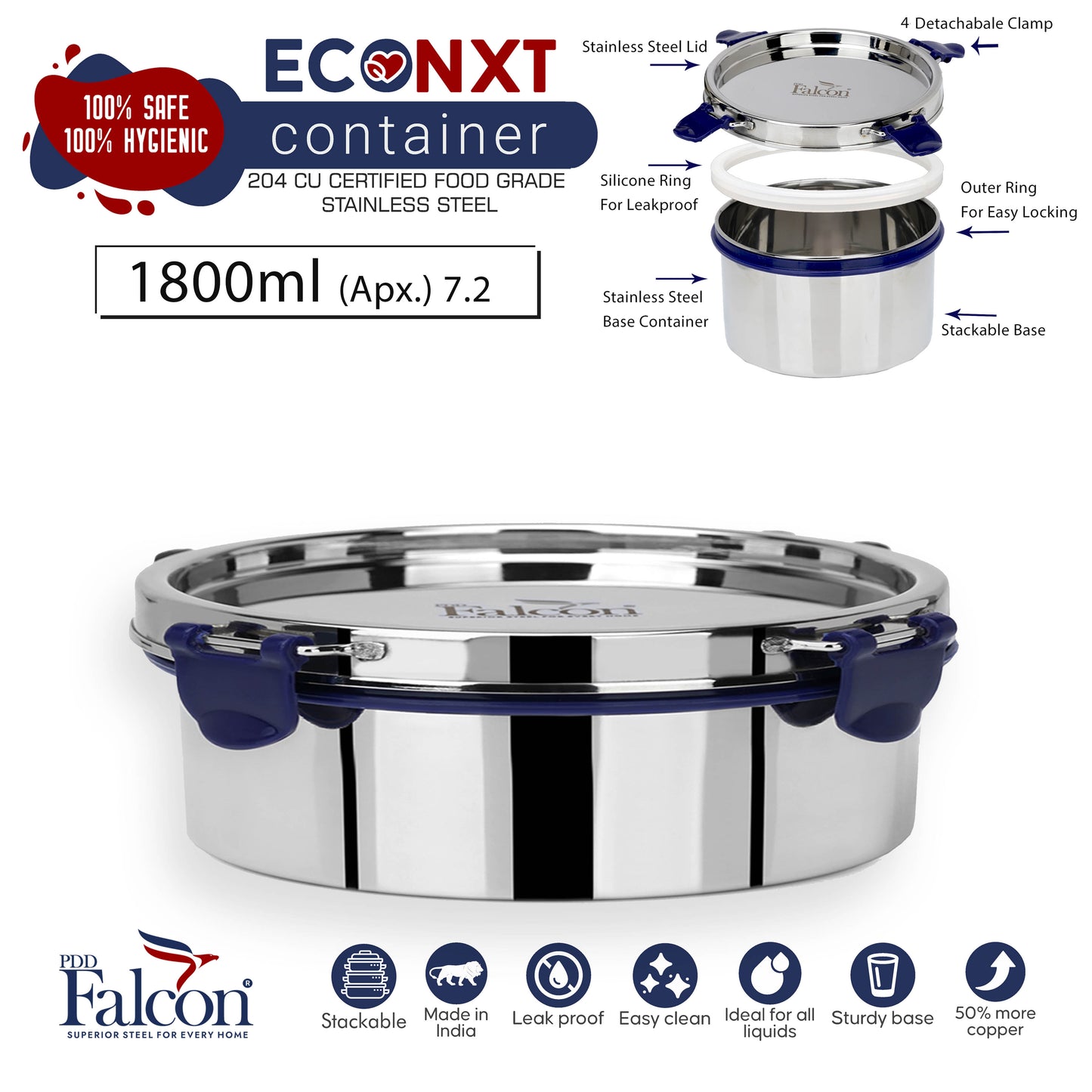 1800ml PddFalcon Stainless Steel Eco Nxt Lunch Box Container - 100% leakproof, stackable, crack and rust free, easy lock with silicon ring