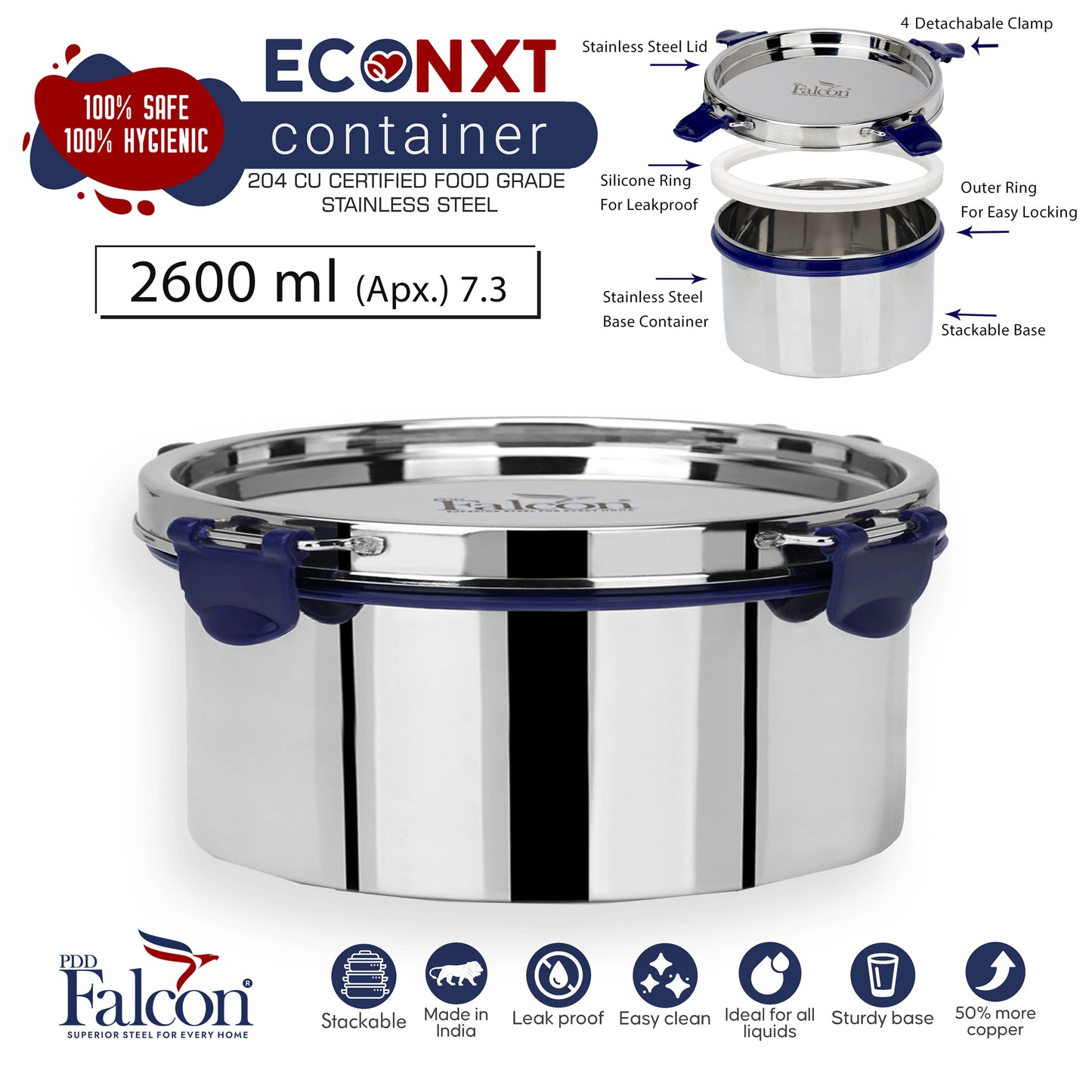 2600ml PddFalcon Stainless Steel Eco Nxt Lunch Box Container - 100% leakproof, stackable, crack and rust free, easy lock with silicon ring