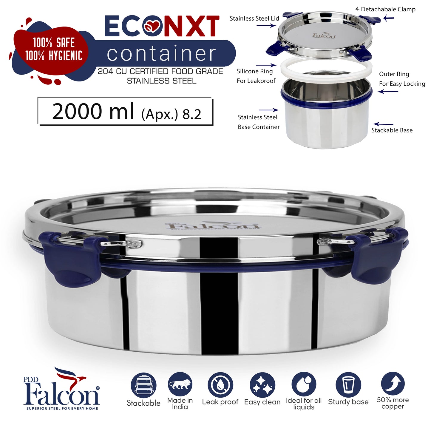 2000ml PddFalcon Stainless Steel Eco Nxt Lunch Box Container - 100% leakproof, stackable, crack and rust free, easy lock with silicon ring