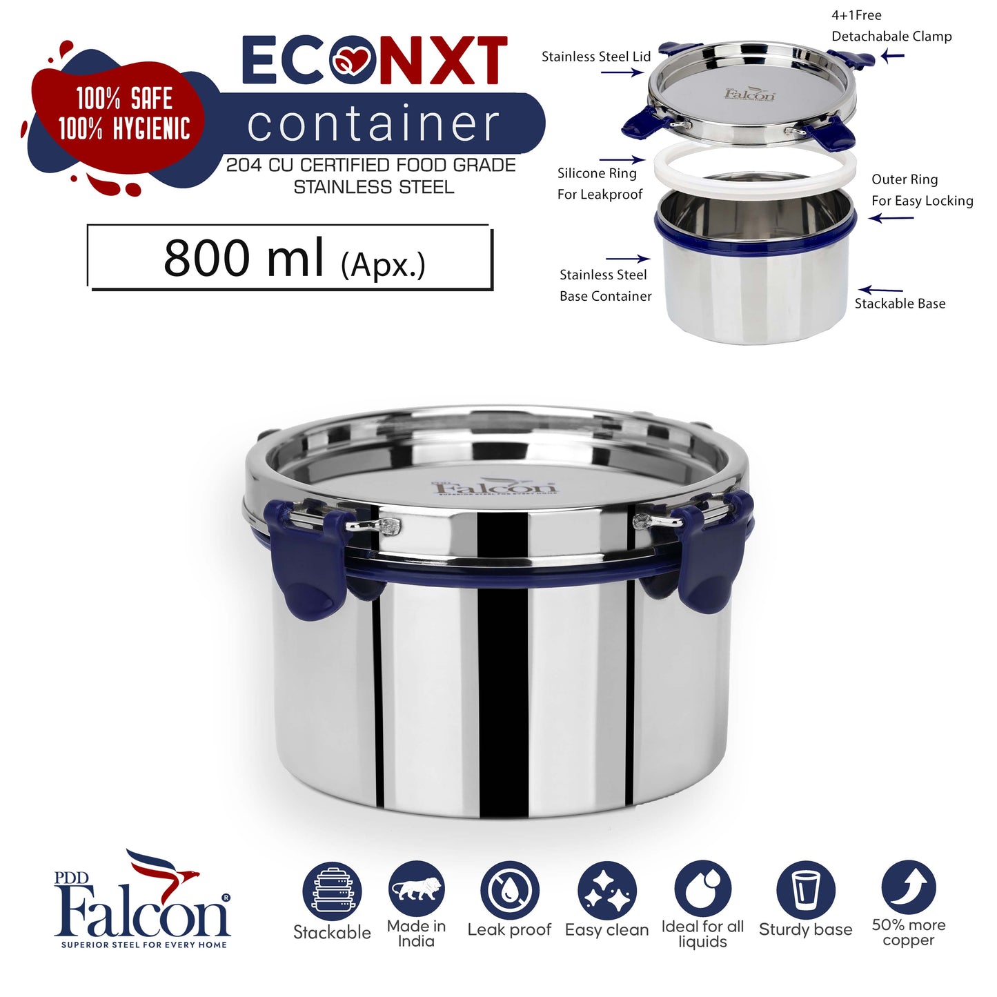 800ml PddFalcon Stainless Steel Eco Nxt Lunch Box Container - 100% leakproof, stackable, crack and rust free, easy lock with silicon ring