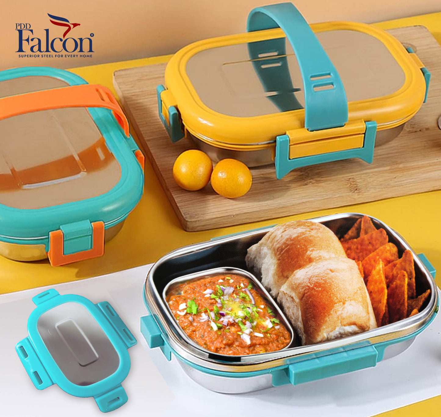 PddFalcon Stainless Steel Lunch Box Recto Lock With Handle 650ml+150ml