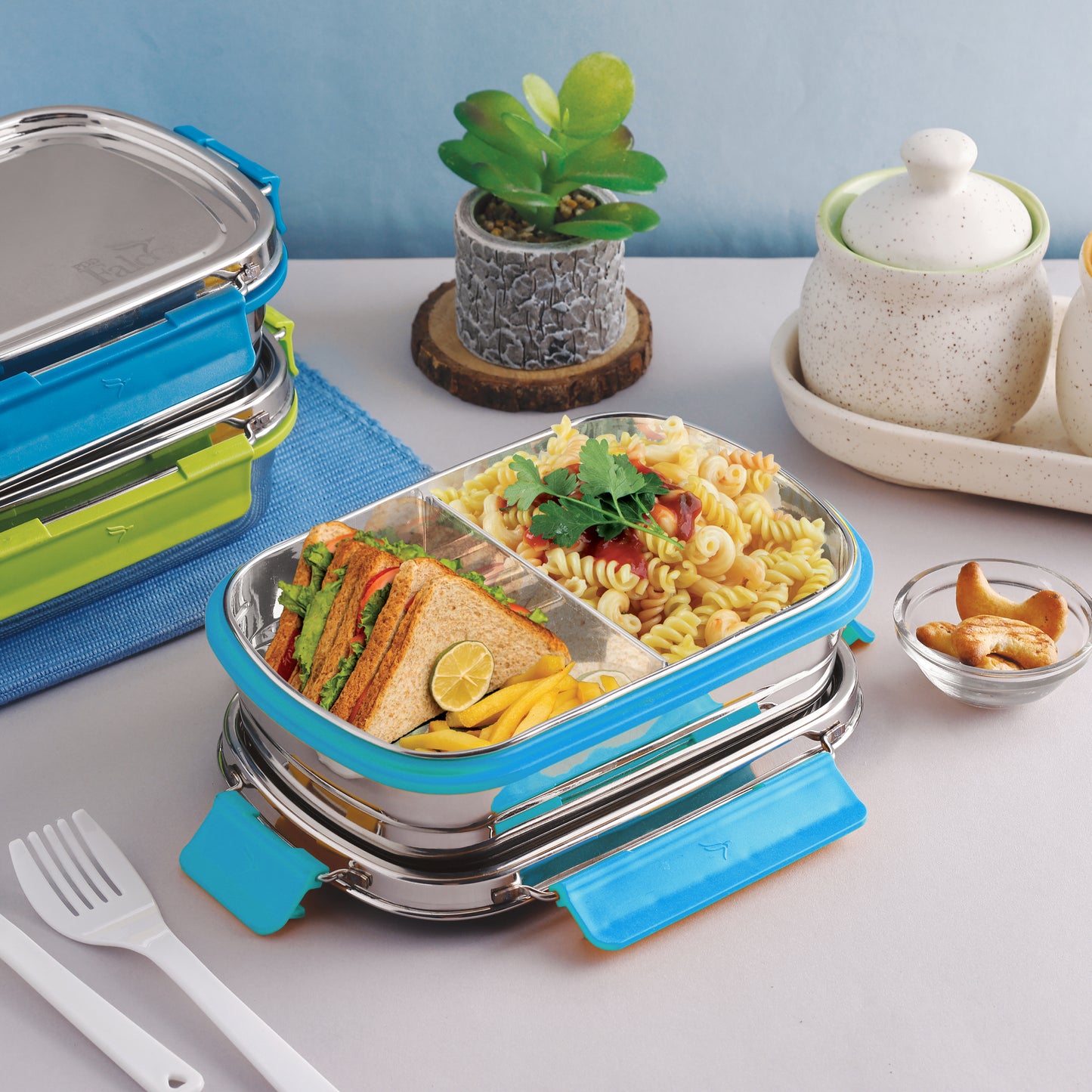 PddFalcon Stainless Steel Munch Duo Lunch Box with 2 Partition - 750ml Turkish Blue